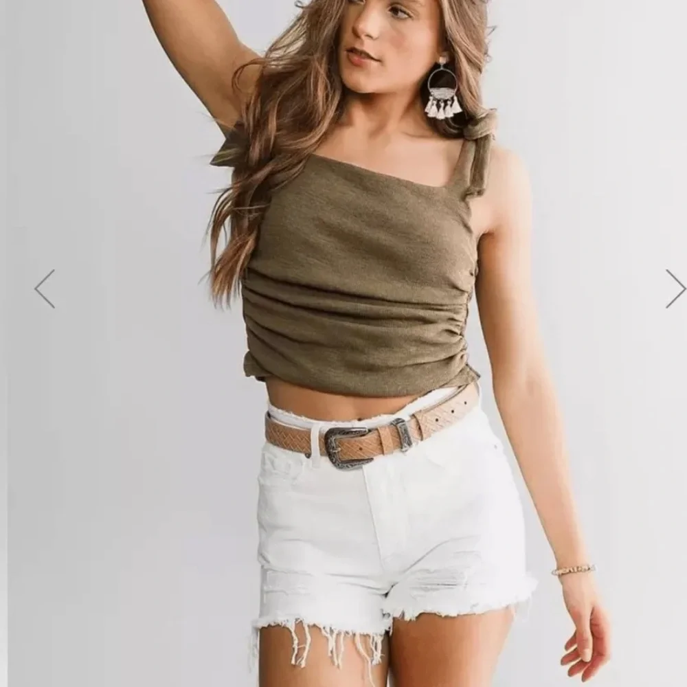 Free People Boulevard ruched cropped tie shoulder tank olive green